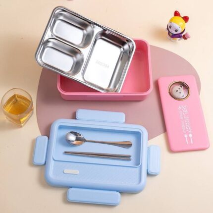 3 COMPARTMENT STAINLESS INNER KIDDIES LUNCH PACK WITH SPOON AND FORK