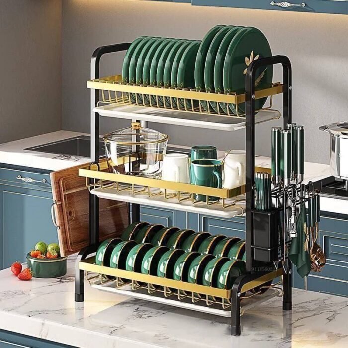 THICK IRON ROD WITH BLACK TRAYQUALITY STRONG STAINLESS STEEL 3 STEP DISH RACK WITH 2 TRAY,CUP HOLDER,CHOPPING BOARD HOLDER&KNIFE HOLDER - Image 2