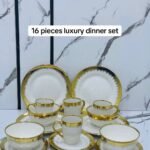16PC HIGH QUAL GOLD/WHITE EUROPEAN LUXURY CERAMIC STONEWARE DINNER SET(ROUND SHAPE)4 Serving plate
4 Side plate
4 Soup bowls
4 Cups