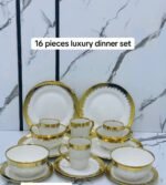 16PC HIGH QUAL GOLD/WHITE EUROPEAN LUXURY CERAMIC STONEWARE DINNER SET(ROUND SHAPE)4 Serving plate
4 Side plate
4 Soup bowls
4 Cups