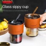 BIG SIZE LEATHER GRIP QUALITY THICK GLASS CUP WITH GLASS STRAW