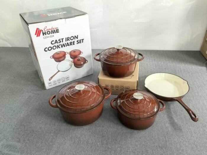 4PC ORIGINAL DURABLE HEAVY ENAMEL CAST IRON COOKWARE POT SET SIZE 20,22,24&26CM FRYPAN - Image 5