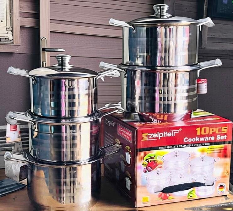 187cfff6-d305-4cf7-bd02-5d029d2297bc 10PC ZEIPLTEIR(2432) QUALITY/HEAVY STAINLESS STEEL COOKWARE SET POT SIZE 24,26,28,30,32CM - Image 1