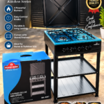 4 FACE BURNER RASHNIK QUALITY GAS COOKER WITH 2 STEP STORAGE STAND AND COVER