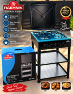 4 FACE BURNER RASHNIK QUALITY GAS COOKER WITH 2 STEP STORAGE STAND AND COVER