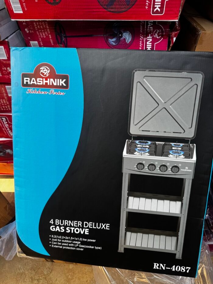4 FACE BURNER RASHNIK QUALITY GAS COOKER WITH 2 STEP STORAGE STAND AND COVER - Image 2