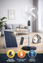 16INCHES QUALITY TRIFONE SOLAR RECHARGEABLE STANDING FAN WITH REMOTE CONTROL AND BULB