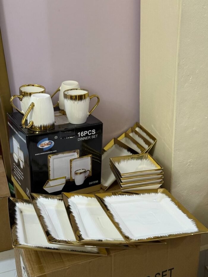 16PC HIGH QUAL GOLD/WHITE EUROPEAN LUXURY CERAMIC STONEWARE DINNER SET(BOX SHAPE)4 Serving plate
4 Side plate
4 Soup bowls
4 Cups - Image 2