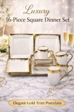 16PC HIGH QUAL GOLD/WHITE EUROPEAN LUXURY CERAMIC STONEWARE DINNER SET(BOX SHAPE)4 Serving plate
4 Side plate
4 Soup bowls
4 Cups - Image 3