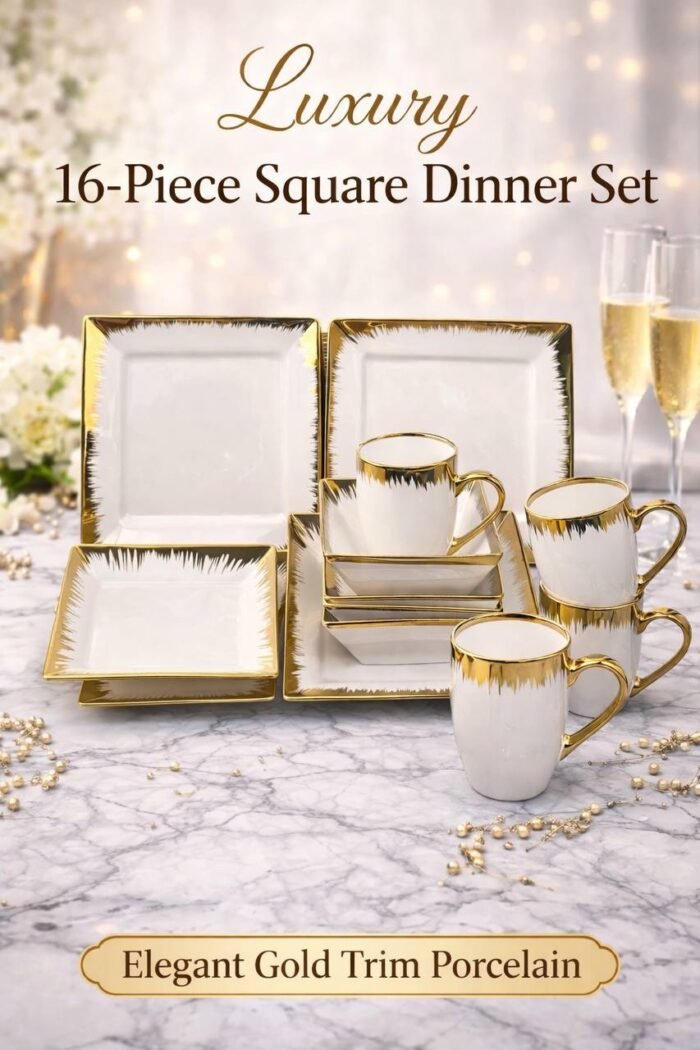 16PC HIGH QUAL GOLD/WHITE EUROPEAN LUXURY CERAMIC STONEWARE DINNER SET(BOX SHAPE)4 Serving plate
4 Side plate
4 Soup bowls
4 Cups - Image 3