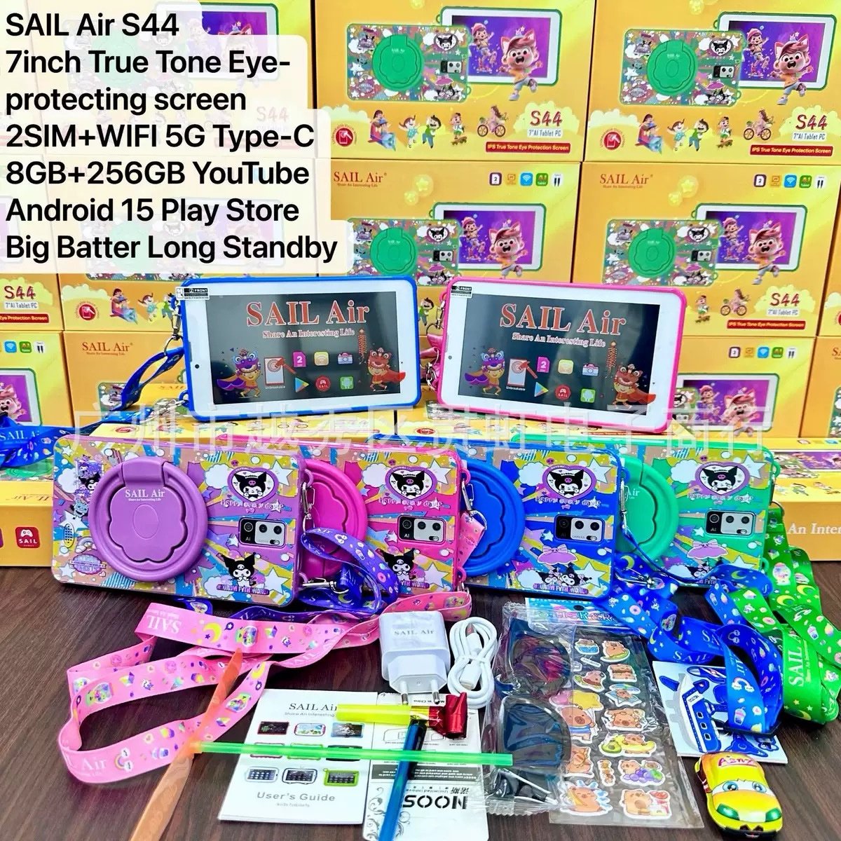 img_0974-3 SAIL AIR 44 2SIM + WIFI
8GB+256GB ANDROID 15 5G
7INCH IPS UNBREAKABLE SCREEN TYPE C CABLE&CHARGER
WITH TOUCH PEN,SILICON CASE,3D GLASSES,SHOULDER STRAPS AND GIFT ITEMS TABLET - Image 1