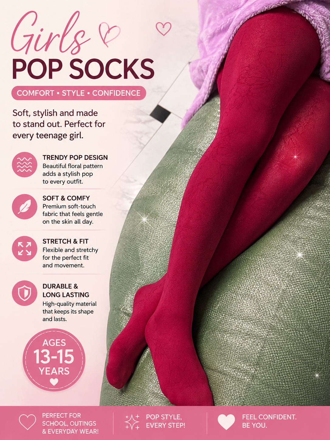 ebadedf6-ff85-4b83-88d8-7dbd86833075 WINE COLORVQUALITY CLASSY GIRLIE POP SOCKS AGE 13-15 - Image 1