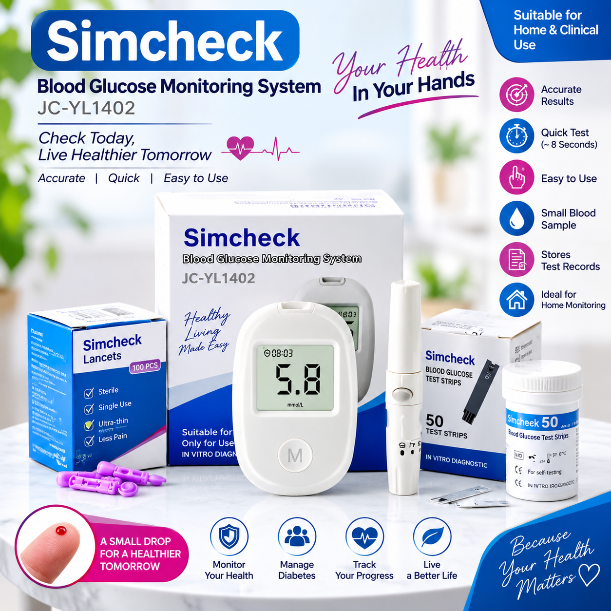 26770db2-646b-4350-8cf0-2a9b853c701c SIMCHECK BLOOD GLUCOSE METER HOME KIT(JC-YL1402) - Image 1