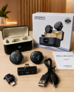 NOISE CANCELLATION  DOUBLE WIRELESS MAGNETIC CLIP ON MIC WITH TYPE C AND IPHONE PORT/CONNECTOR,WITH DIGITAL BATTERY DISPLAY