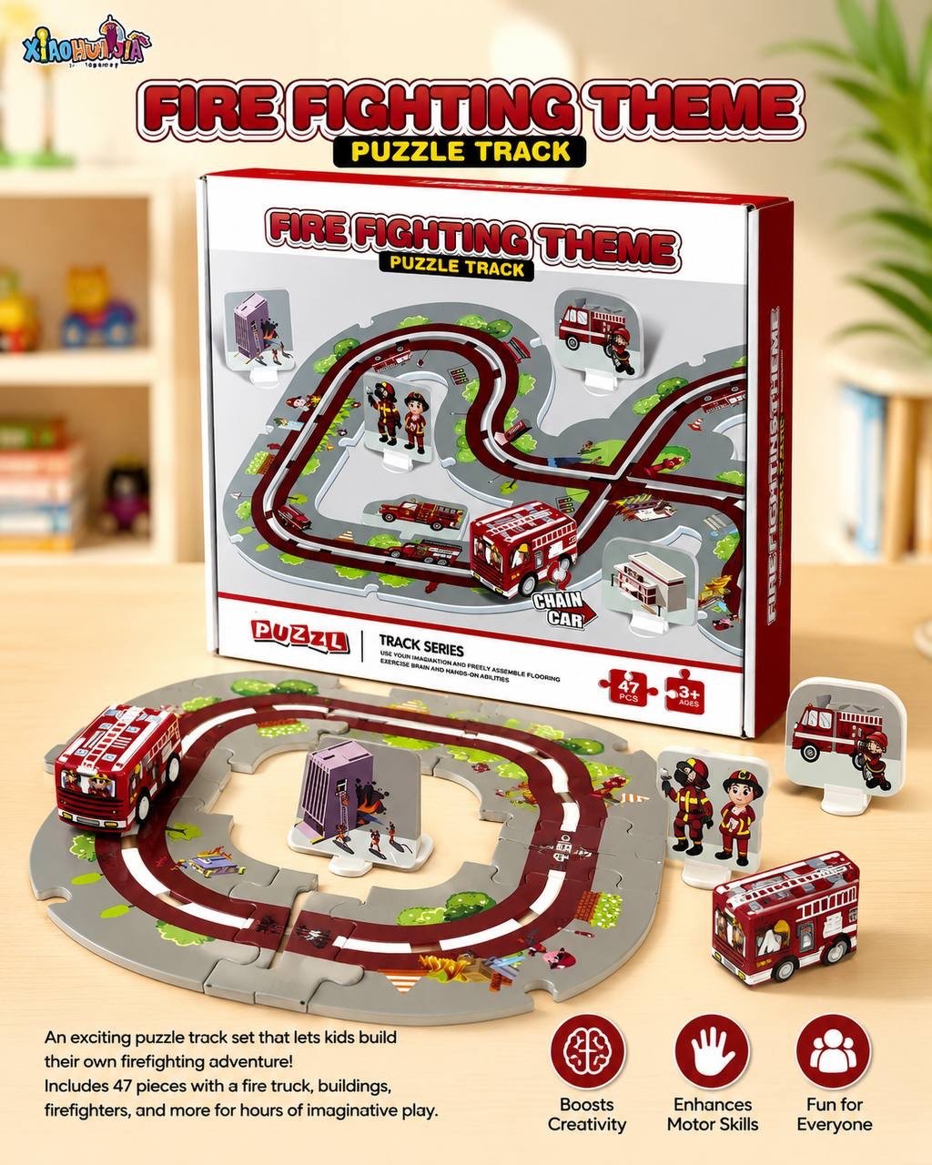 img_6554 FIRE FIGHTER THEME PUZZLE GAME(Comes with 47 Puzzle mats to build the fire fighters theme and a fire fighter chain truck)From Age 3 upward - Image 1