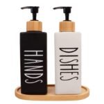 AESTHETIC HAND AND DISH SOAP DISPENSER GLASS BOTTLE SET WITH WOODEN TRAY - Image 4