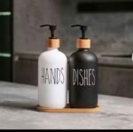 AESTHETIC HAND AND DISH SOAP DISPENSER GLASS BOTTLE SET WITH WOODEN TRAY - Image 2