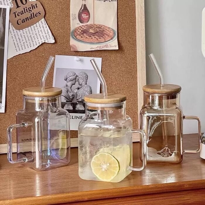 500ML SQUARE SHAPE AESTHETIC JUICE/SMOOTHIE/LATTEE STRAW MUG WITH WOODEN COVER - Image 3