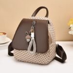 QUALITY PU-LEATHER CHECK DESIGN FANCY BACKPACK WITH KEYCHAIN - Image 7