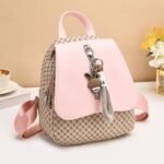 QUALITY PU-LEATHER CHECK DESIGN FANCY BACKPACK WITH KEYCHAIN - Image 6