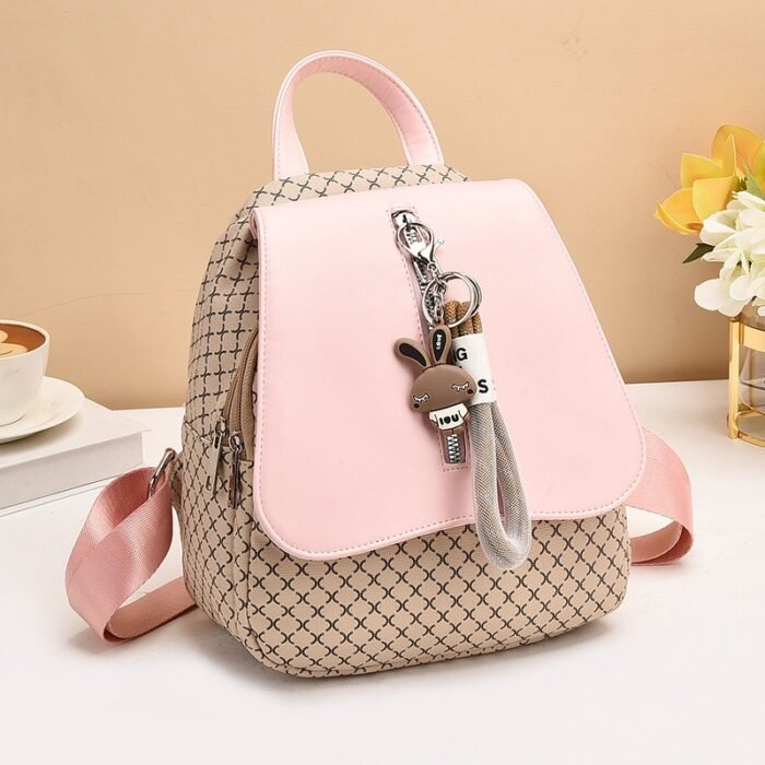 QUALITY PU-LEATHER CHECK DESIGN FANCY BACKPACK WITH KEYCHAIN - Image 6