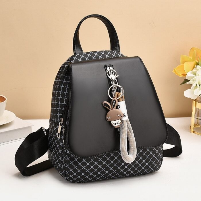 QUALITY PU-LEATHER CHECK DESIGN FANCY BACKPACK WITH KEYCHAIN - Image 5