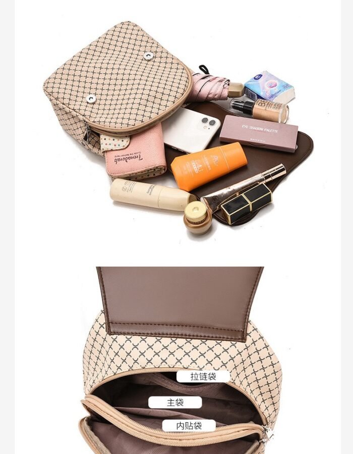 QUALITY PU-LEATHER CHECK DESIGN FANCY BACKPACK WITH KEYCHAIN - Image 3