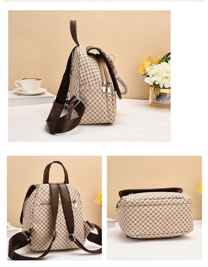 QUALITY PU-LEATHER CHECK DESIGN FANCY BACKPACK WITH KEYCHAIN - Image 2