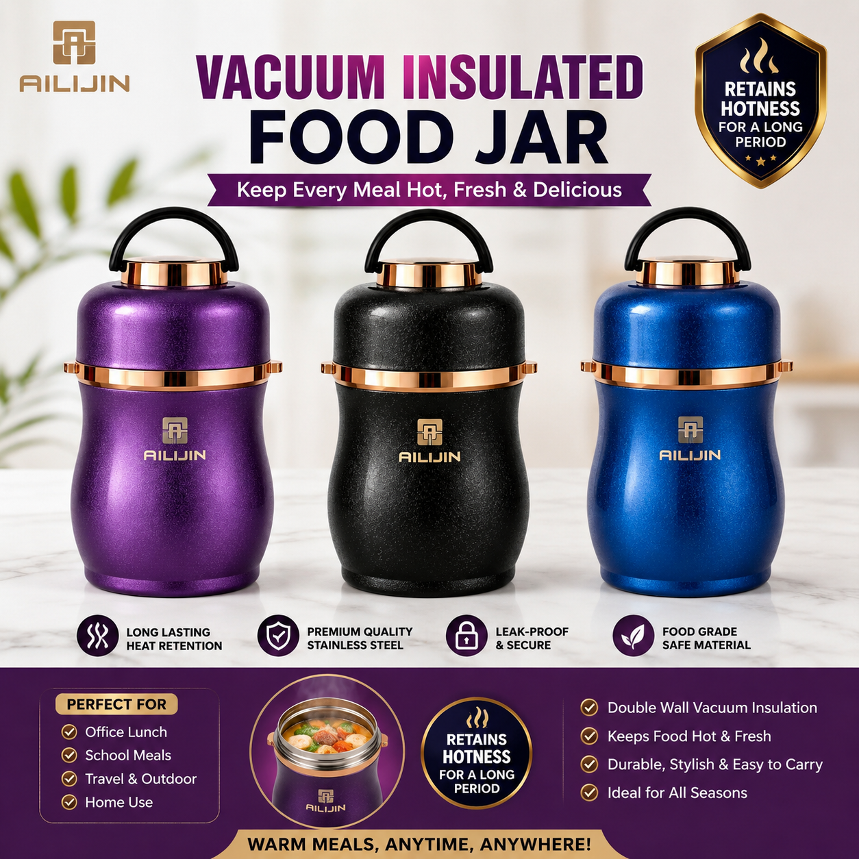 18edc79d-b7d3-4f8d-b5b6-8f768af9c25c 1LTR QUALITY AILIJIN DOUBLE DECKED STAINLESS STEEL FOOD FLASK(THIS IS ORIGINAL,TESTED AND CONFIMED) - Image 1