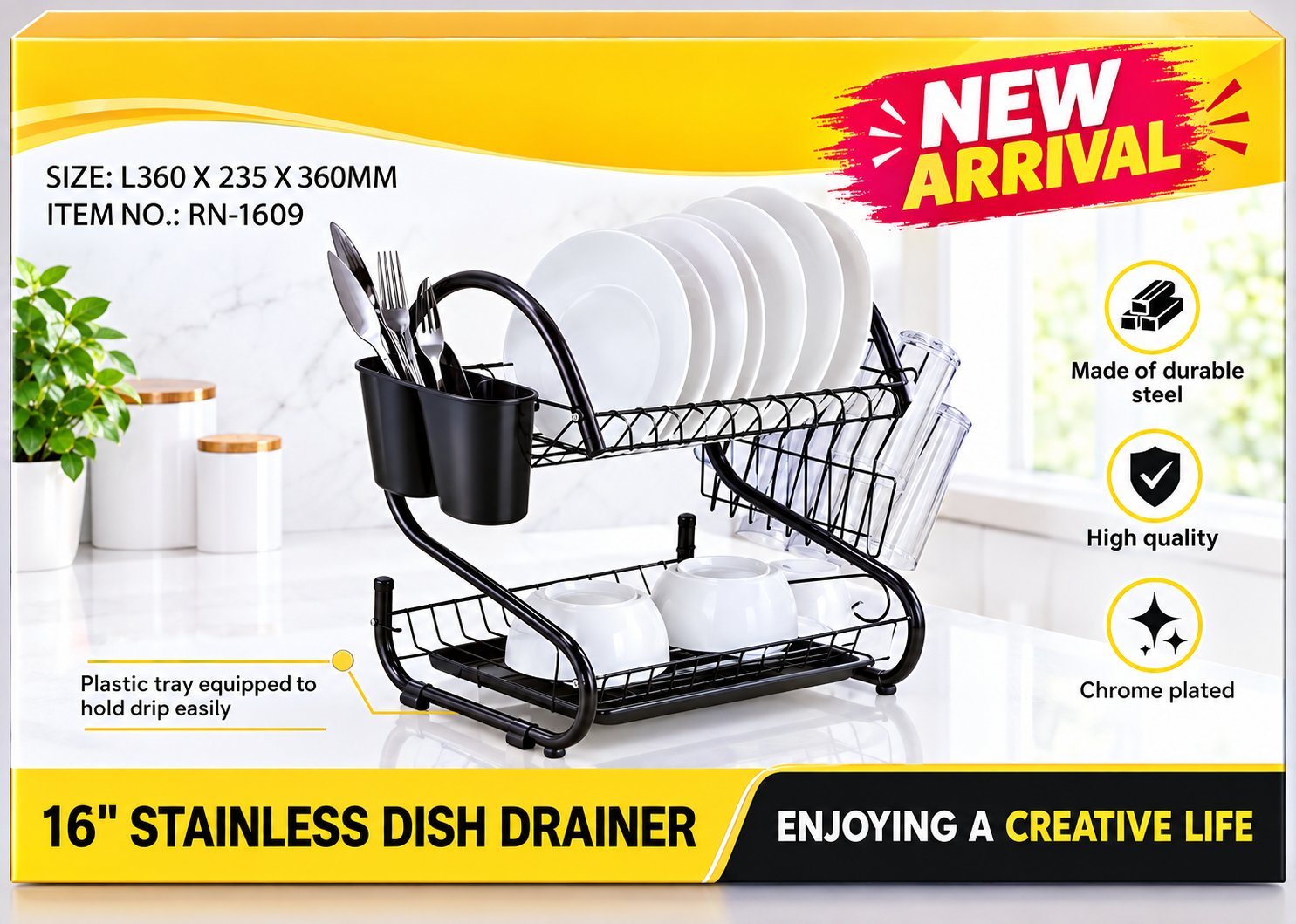 1a2036ac-6fd3-4de4-b666-bdd010c48ce0 16INCHES DOUBLE STEP STAINLESS STEEL PLATE RACK WITH CUP AND SPOON HOLDER - Image 1