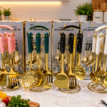 7PC QUALITY LUXURY GOLD/MARBLE DESIGN KITCHEN COOKWARE SET(Cooking spoon)
