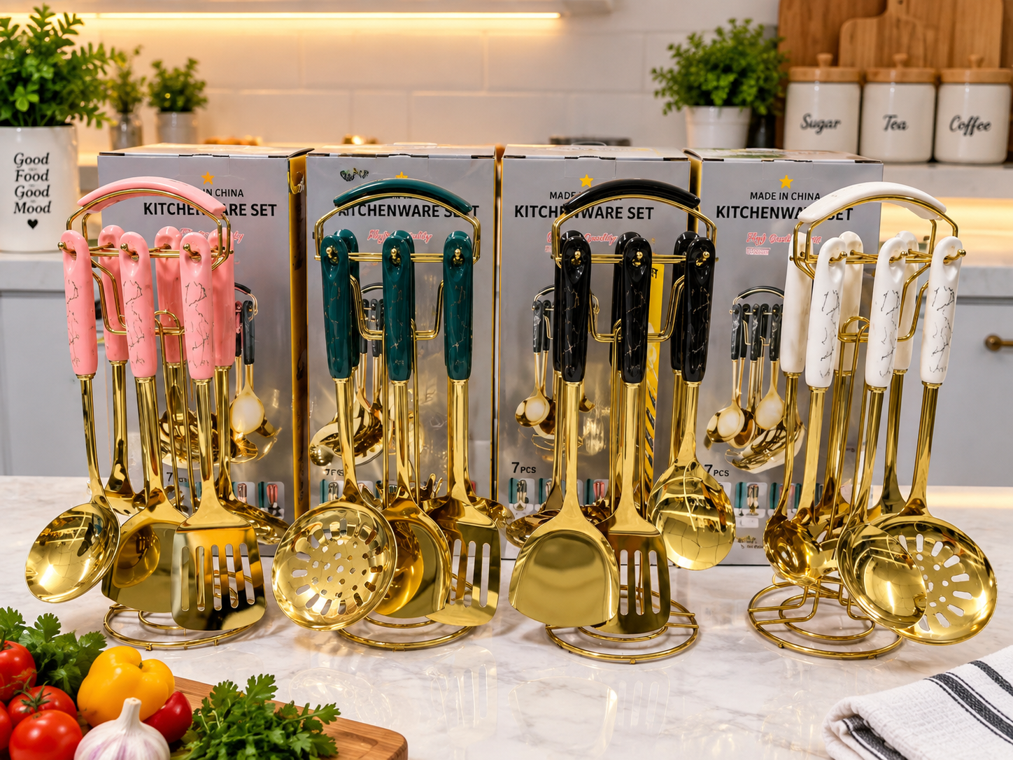 21b79ddd-08cb-4e41-91cf-20dc24ce53a1 7PC QUALITY LUXURY GOLD/MARBLE DESIGN KITCHEN COOKWARE SET(Cooking spoon) - Image 1