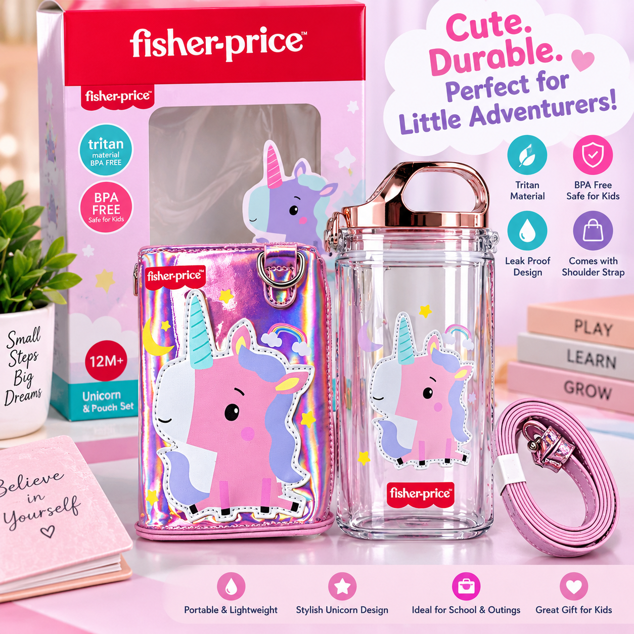 275f19b3-e97f-40e1-bdda-2fb931bb267a 500ML PINK COLORVQUALITY FISHER PRICE LEATHER BAG WATER BOTTLE WITH STRAW DESIGN 9(Comes in a color box)BPA FREE - Image 1