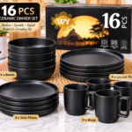 16PC QUALITY THICK EUROPEAN LUXURY FINE CERAMIC STONEWARE DINNER SET•••BLACK(Code S189)                 4 Serving plate
4 Side plate
4 Soup bowls
4 Cups