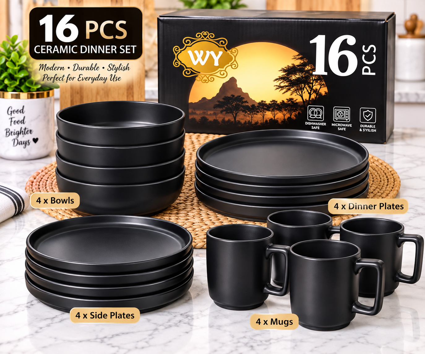 708937ba-714e-43ea-b81f-77eb71e2b631 16PC QUALITY THICK EUROPEAN LUXURY FINE CERAMIC STONEWARE DINNER SET•••BLACK(Code S189) 4 Serving plate
4 Side plate
4 Soup bowls
4 Cups - Image 1