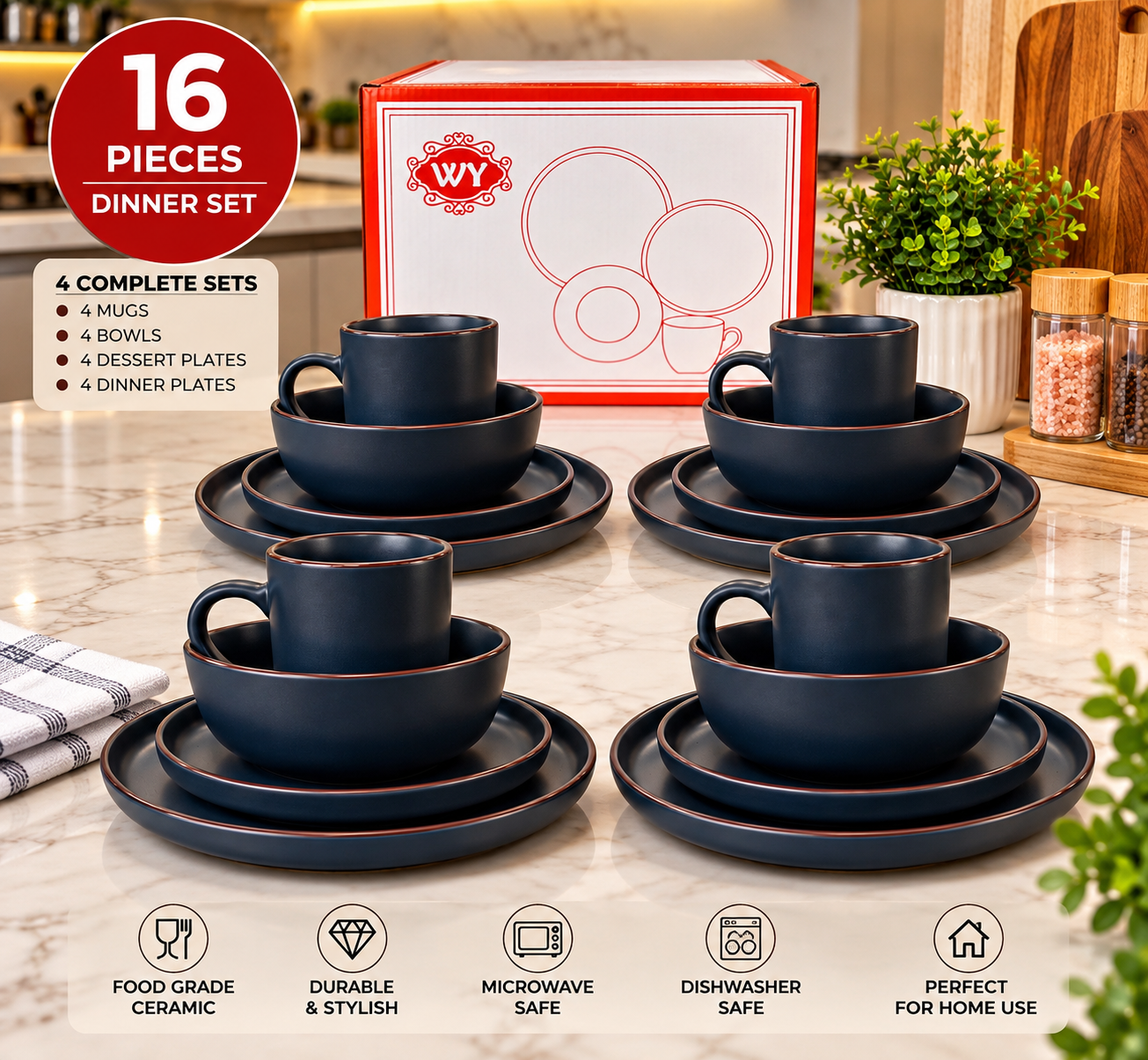 74efa525-14e2-4099-b1ec-e5fac86e67c0 16PC QUALITY THICK EUROPEAN LUXURY FINE CERAMIC STONEWARE DINNER SET•••BLUE(Code S25) 4 Serving plate
4 Side plate
4 Soup bowls
4 Cups - Image 1