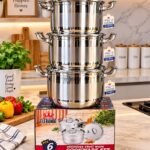 EL-828 ELERANBE 6PC QUALITY STAINLESS STEEL COOKWARE POT SET WITH METAL LID SIZE 24,26,28CM