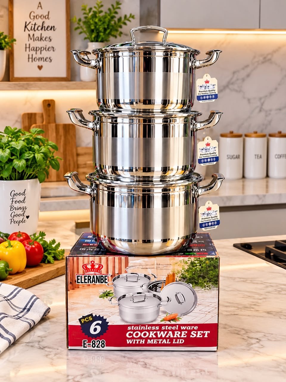 97087e46-8539-4a7e-8eea-927158e5b486 EL-828 ELERANBE 6PC QUALITY STAINLESS STEEL COOKWARE POT SET WITH METAL LID SIZE 24,26,28CM - Image 1