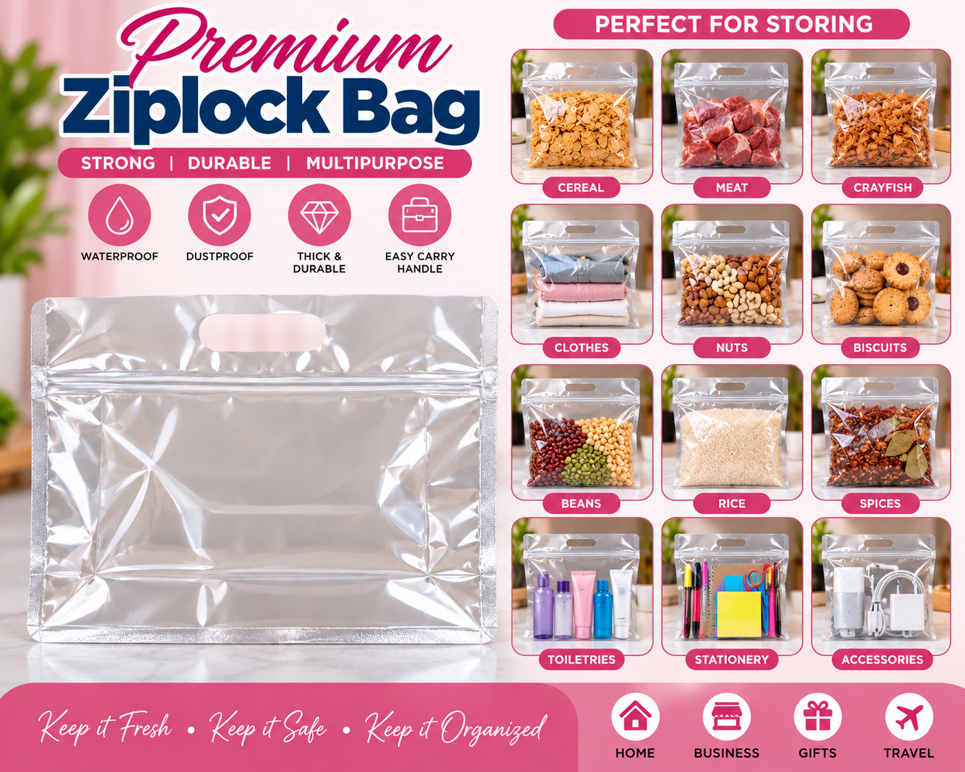 bafdacdc-6d76-4a9f-9954-5f4ea22dad14 CODE V) 12PC HORIZONTAL REUSABLE FLAT BOTTOM GUSSET ZIPLOCK STORAGE/PACKAGING BAG - Image 1
