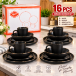 16PC QUALITY THICK EUROPEAN LUXURY FINE CERAMIC STONEWARE DINNER SET•••BLACK/GOLD TRIMMING (Code S47)                                                               4 Serving plate
4 Side plate
4 Soup bowls
4 Cups