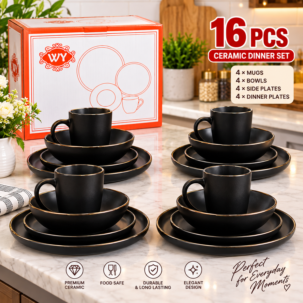 cb622dad-1505-4dde-a5d1-2018de2b7bf9 16PC QUALITY THICK EUROPEAN LUXURY FINE CERAMIC STONEWARE DINNER SET•••BLACK/GOLD TRIMMING (Code S47) 4 Serving plate
4 Side plate
4 Soup bowls
4 Cups - Image 1