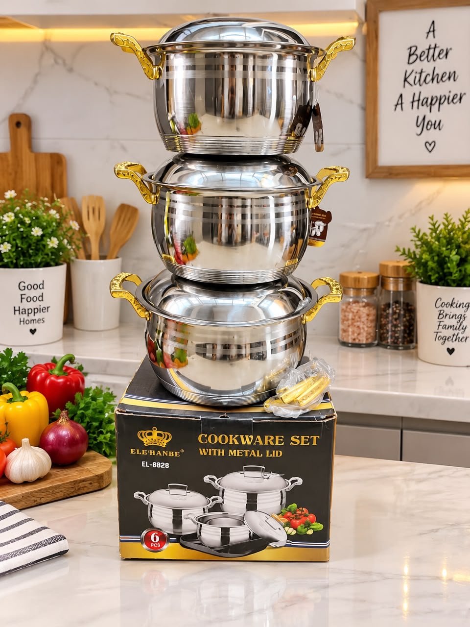 ce727be3-304b-47fb-bb18-efd7df165d79 EL-8828 ELERANBE 6PC QUALITY STAINLESS COOKEWARE POT SET WITH METAL LID SIZE 24,26,28CM - Image 1