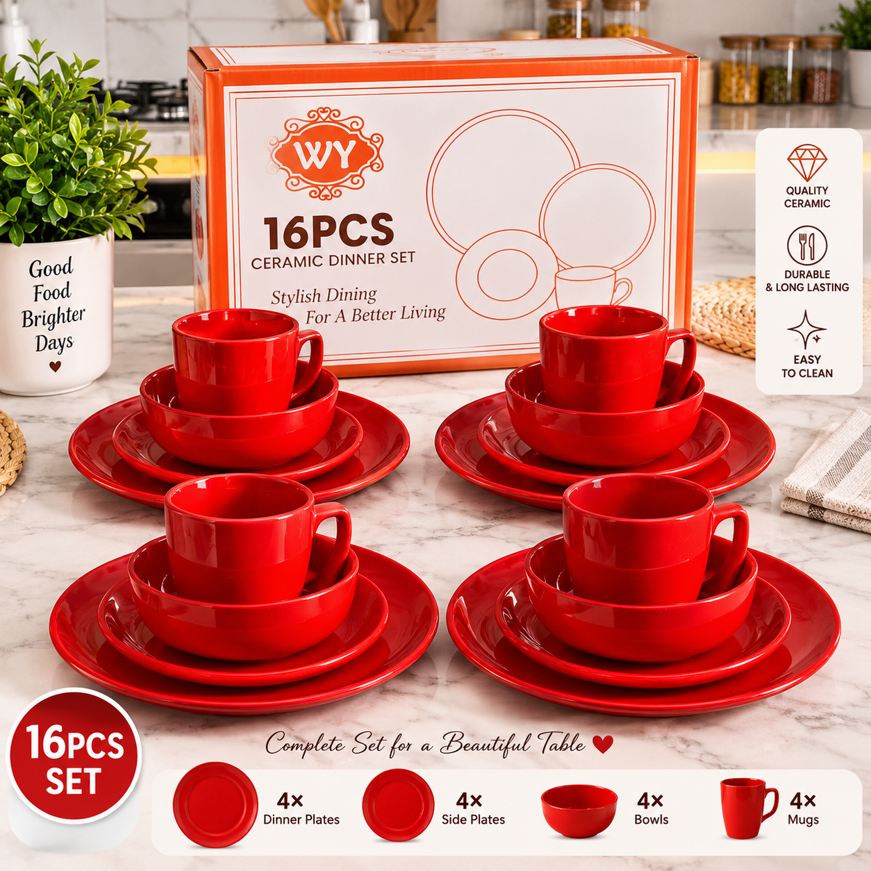 e8978871-b7cf-4e4f-8afd-1992a68b601b 16PC QUALITY THICK EUROPEAN LUXURY FINE CERAMIC STONEWARE DINNER SET•••RED(Code S22) 4 Serving plate
4 Side plate
4 Soup bowls
4 Cups - Image 1