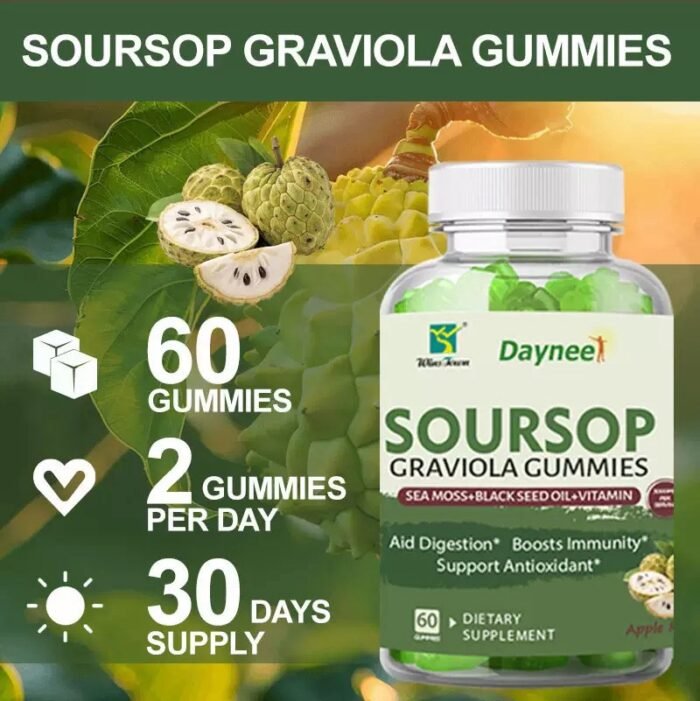 60PC SOURSOP GRAVIOLA GUMMIES 🌿✨
A delicious daily wellness supplement formulated with Graviola, Sea Moss, Black Seed Oil, Vitamin C & Zinc. - Image 2