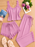 QUALITY 3PC CAMISOLE,SHORT AND TROUSER NIGHT WEAR/LOUNGE WEAR DESIGN 11(SPANDEX MATERIAL)CODE 66 - Image 2