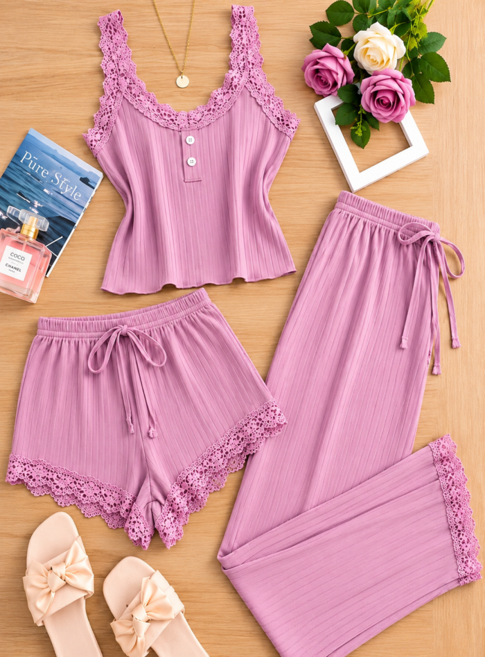 QUALITY 3PC CAMISOLE,SHORT AND TROUSER NIGHT WEAR/LOUNGE WEAR DESIGN 11(SPANDEX MATERIAL)CODE 66 - Image 2
