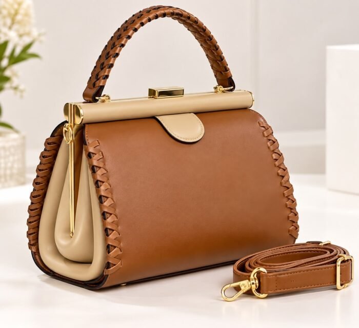 ELEGANT LUXURY TWIST HANDLE GOLD FRAME LEATHER HANDBAG CODE 5801 - Image 6