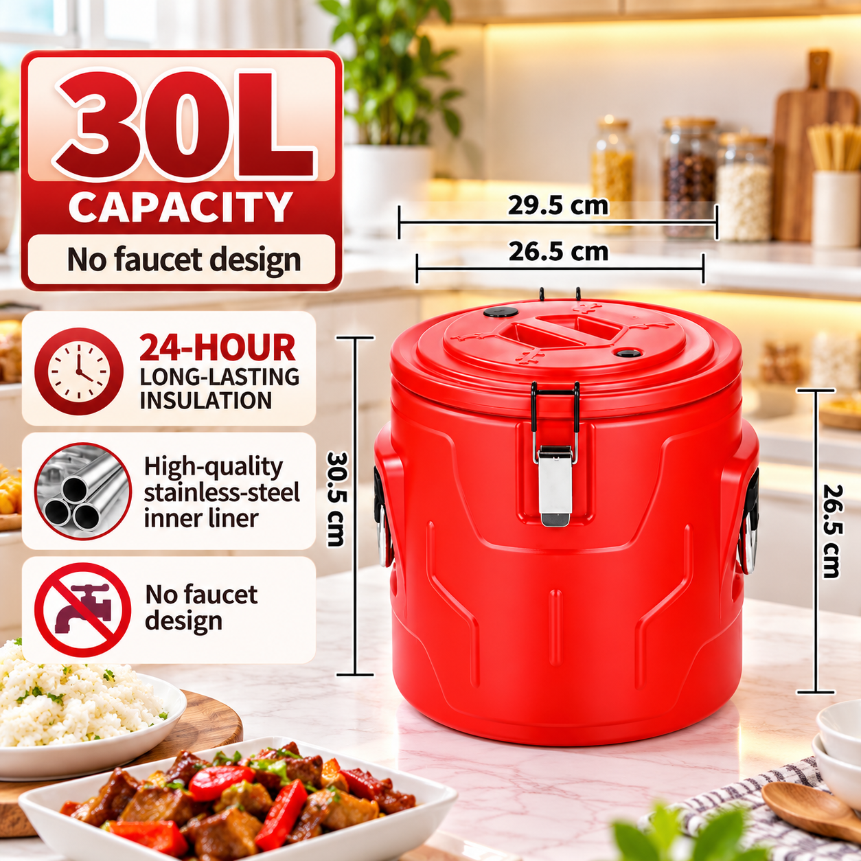 7328a6ad-c205-4e0f-ab37-88ff4cda9a70 24HRS 30L HEAVY DUTY STAINLESS STEEL INNER WARMER/COOLER FOR HOT&COLD WITH LOCKING CLAMP LID AND SIDE CARRYING HANDLE - Image 1