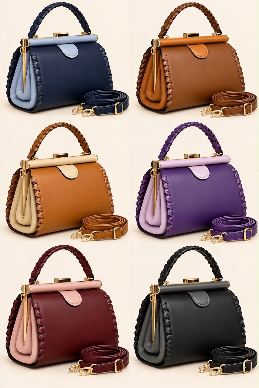 769ddcac-20e3-4546-899d-830417613634 ELEGANT LUXURY TWIST HANDLE GOLD FRAME LEATHER HANDBAG CODE 5801 - Image 1
