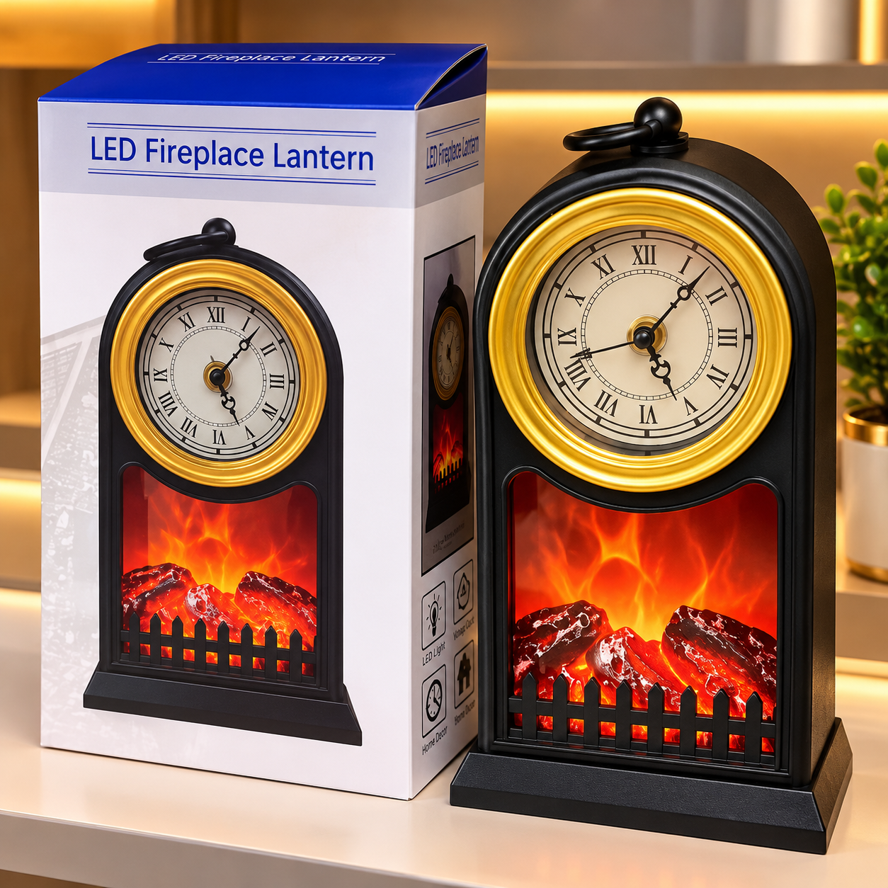 c8d5d42b-b5ba-451a-a80c-80b3d5d29bfd VINTAGE LED FIREPLACE LANTERN ANTIQUE STYLE WITH CLOCK ⏰ CODE SP-14(Ember 2026)••Uses Battery and can be plug to power bank or charger head - Image 1